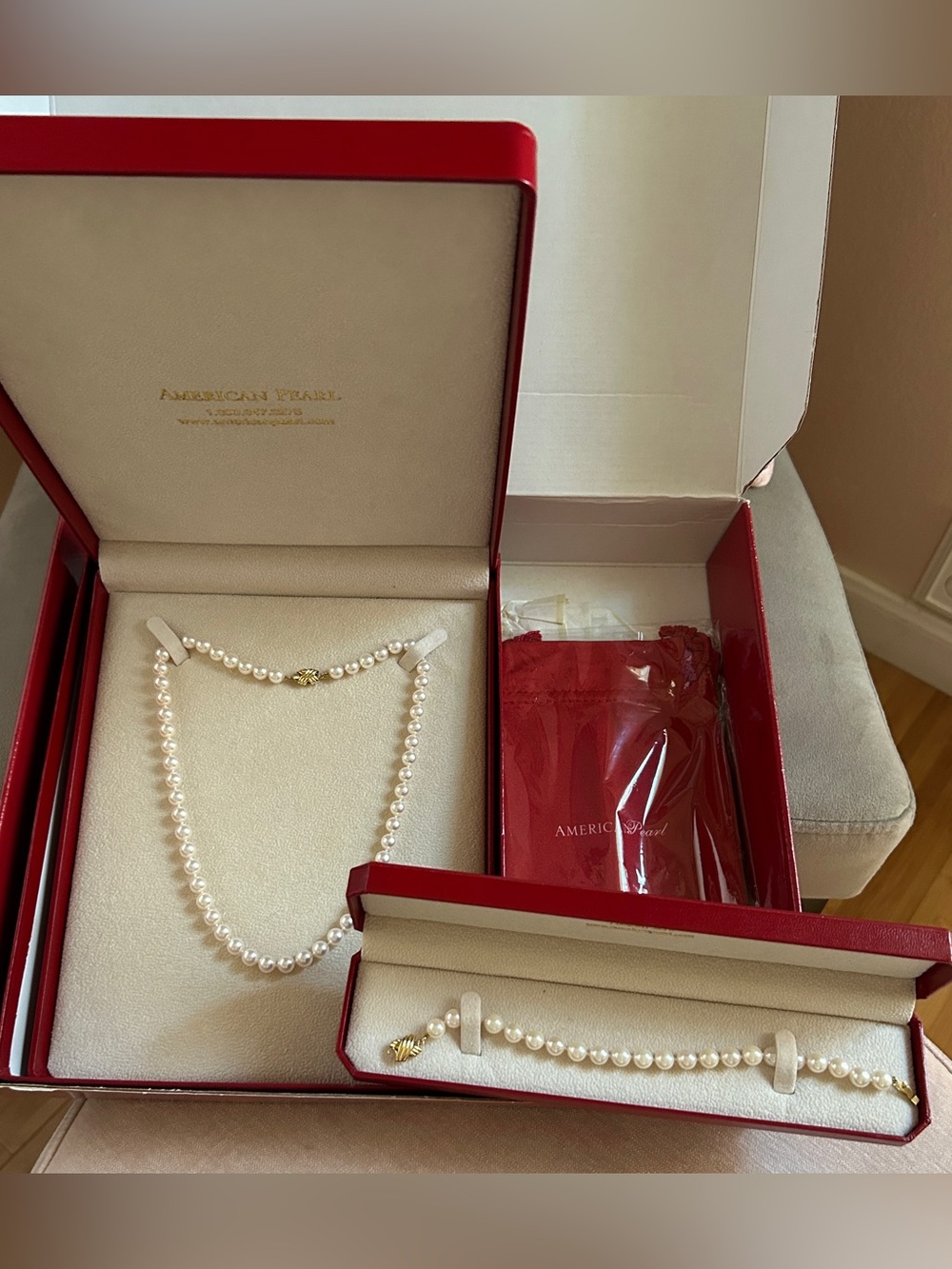 AKOYA 7mm Pearl 18” Necklace + 8” Bracelet ~ Matching 14K Upgraded Clasps ~ EUC